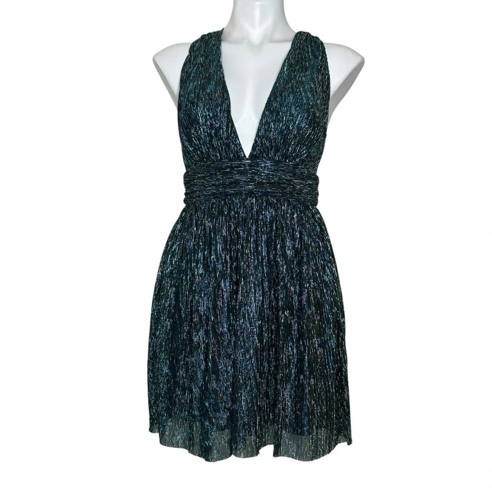 Lulus Metallic Stripe Twist Back Cocktail Dress In Gold/ Teal Small